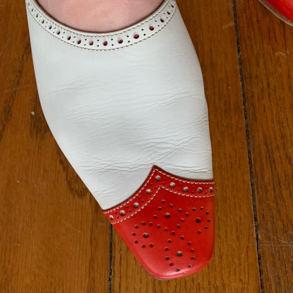 Manolo Blahnik mule flats red tip white western